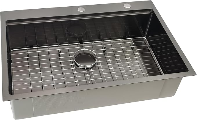 33x22 Black Drop In Kitchen Sink, Delironexu 16 Gauge 304 PVD Black Stainless Steel Single Bowl Top Mount Kitchen Sink, 33 Inch Black Kitchen Sink Workstation with 6 Accessories