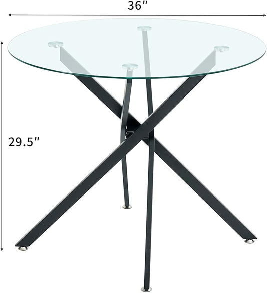 Glass Dining Table,36'' Round Dining Kitchen Table,Modern X-Design Dining Room Table with Black Metal Base for Dining Room