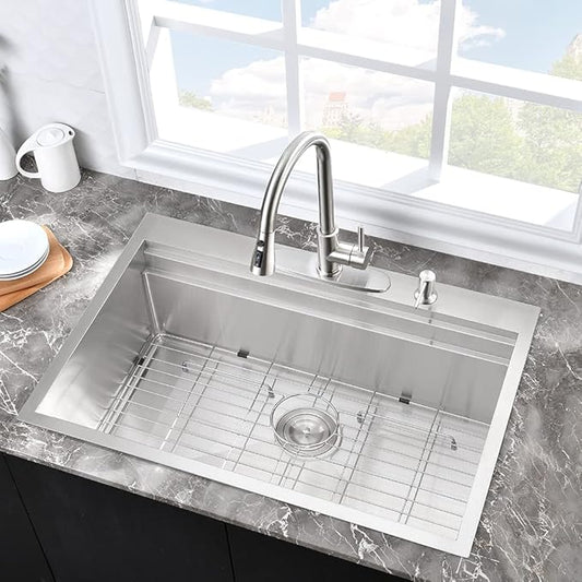 33 Inch Kitchen Sink Drop In Workstation-Hovheir 33x22 Stainless Steel Drop In Top Mount Kitchen Sinks 16 Gauge Single Bowl Deep Stainless Sink Overmount Sinks with Cutting Board