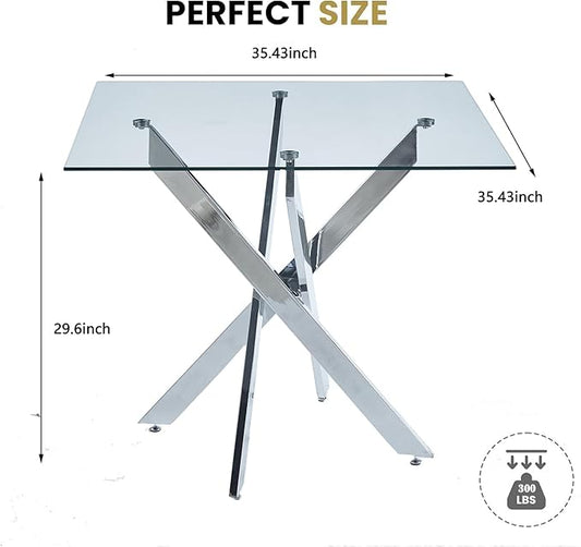 36'' Square Dining Table for 2-4, X-Shape Silver Metal Legs, Glass Tea Table Square Kitchen Table for Small Space