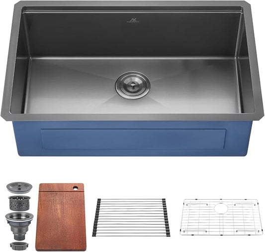 33 Inch Black Undermount Kitchen Sink Single Bowl Kitchen Stainless Steel Sink with Cutting Board,(33Inch Black)