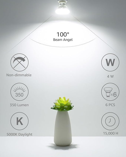 Lepro GU10 LED Light Bulbs Non-Dimmable, 5000K Daylight White GU10 Bulb Replacement for Recessed Track Lighting, 4W LED Bulbs with 100°Flood Beam for Kitchen, Range Hood, Living Room, Bedroom, 3 Pack