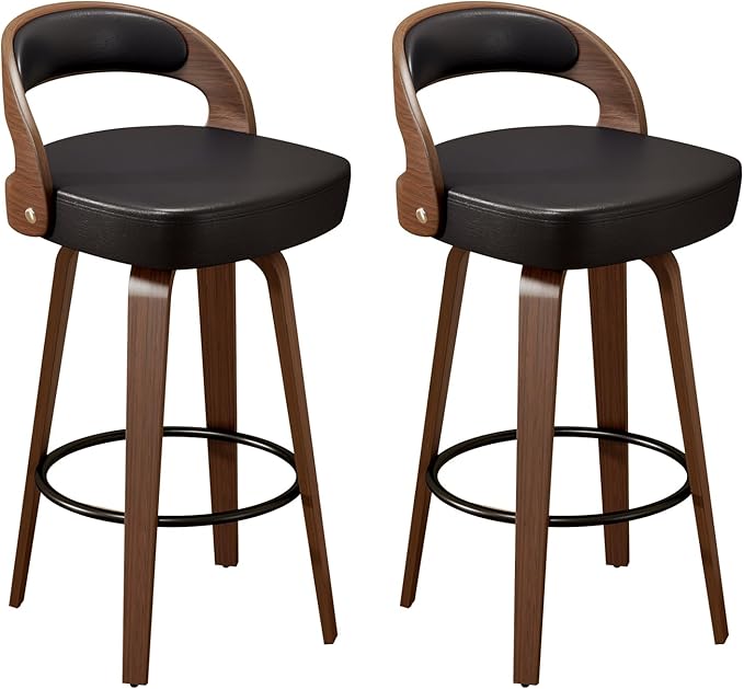 GOWE Swivel Bar Stools Set of 2, 26.8" Counter Height Bar Stools for Kitchen Island, Black Barstools Upholstered Faux Leather & Solid Wood Legs, VF