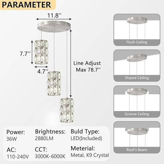 3-Lights Modern Crystal Pendant Lights for Kitchen Island LED Dimmable Glam Pendant Lighting Chandelier for Dining Room Hallway Corner Lamp Nickel