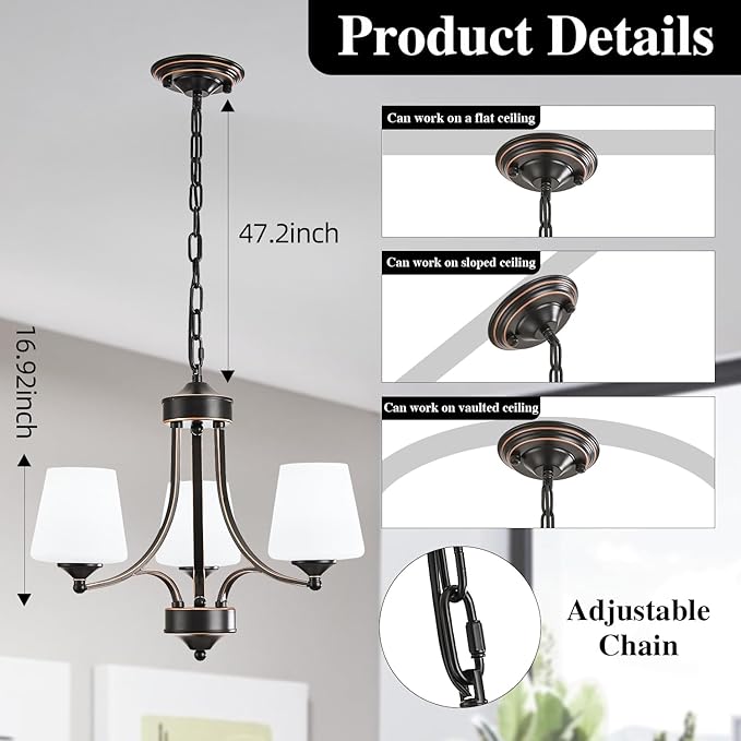 3 Light Farmhouse Chandelier with Milk White Frosted Glass Shades Black Dining Room Light Adjustable Height Ceiling Hanging Light Fixtures for Dinner Table, Kitchen Island, Entryway