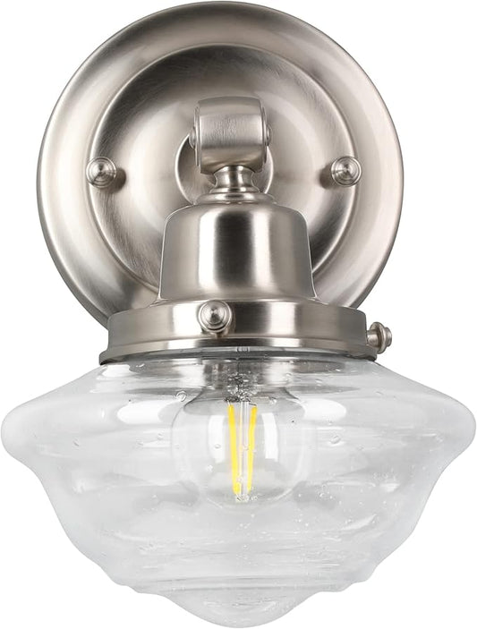Design House Vintage-Inspired Schoolhouse Wall Sconce, 6.625 in x 7.625 in x 9.5 in, Satin Nickel, Clear Seeded Glass Shade, 589127-SN