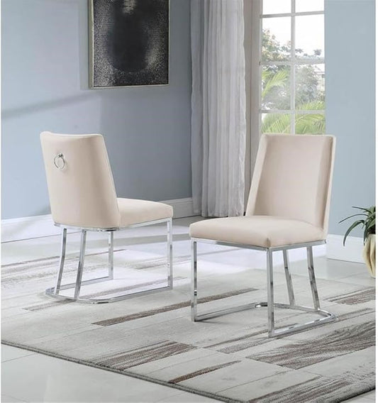 Modern Chairs Set of 2, Chrome Side Chairs & Counter Stools with Ring Pull Back, Luxury Upholstered Chairs for Kitchen Island, Dining Room & Home Bar (Velvet, Cream/Silver, Side Chair)