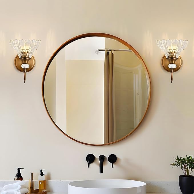1 Piece Vintage Wall Sconce, 1-Light Matte Antique Brass Finish Wall Sconce with Hanging Crystal Accents and Flower-Shaped Clear Shades for Bathroom Bedroom Living Room,Vintage Vanity Light