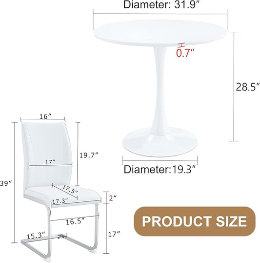 Small Kitchen Table and Chairs Set for 2, 31.9 Inch Hourglass Shape Dining Table with White PU Chairs, Silver Metal Legs, Compact Dinette Set for Kitchen, Dining Room, Apartment