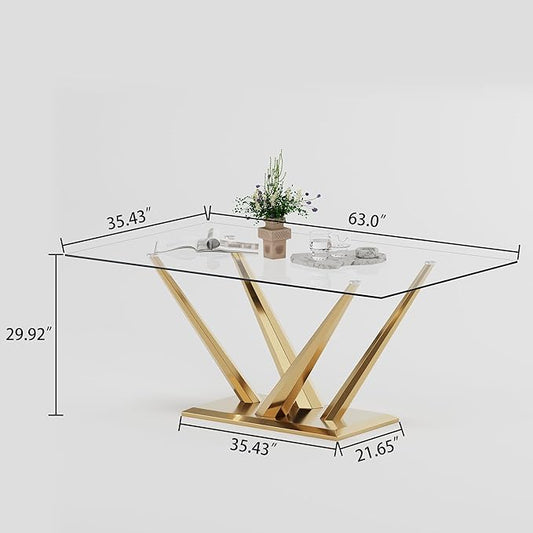 Luxury Gold Glass Dining Table for 4-6 Modern 63-Inch Rectangular Kitchen & Dining Room Table with Double V-Shape Stainless Steel Base Large Clear Glass Top Dining Table for Home Office