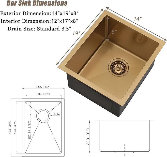 14 Inch Gold Bar Sink Undermount,14x19 Gold Bar Sink Undermount Small Stainless Steel Kitchen Sinks 18 Gauge Single Bowl Kitchen Prep Sinks with Drain Strainer