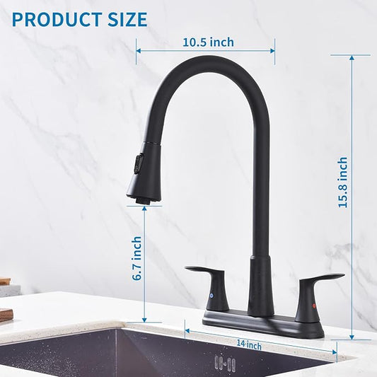 HOMELODY 2 Handles Kitchen Faucet with Pull Down Sprayer for 3 Hole Sink, 8 inch 360° Rotating Spout Centerset Kitchen Sink Faucet with Water Lines Matte Black