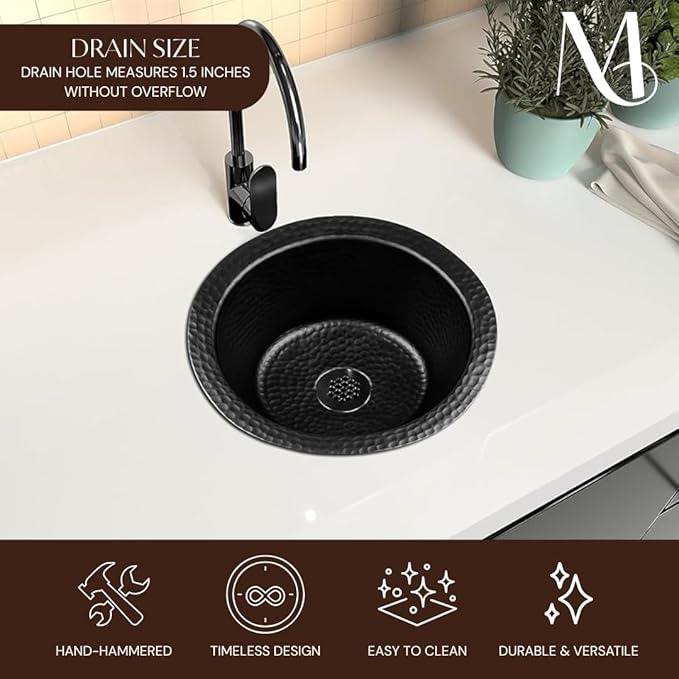 Monarch Abode Kitchen & Bar Sink – 12-inch Essex Dual Mount Drop in Bar Prep Sink, Hand Hammered Matte Black Aluminum Sinks, Drop in or Undermount Kitchen Sinks, Single Circular Dual Mount Bowl