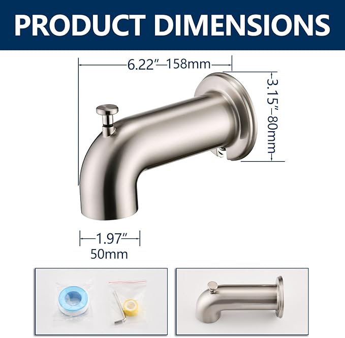 Slip-On Tub Spout with Diverter Long for Bathtub Spout, Fit for 1/2 Inch Slip Pipe, Brushed Nickel