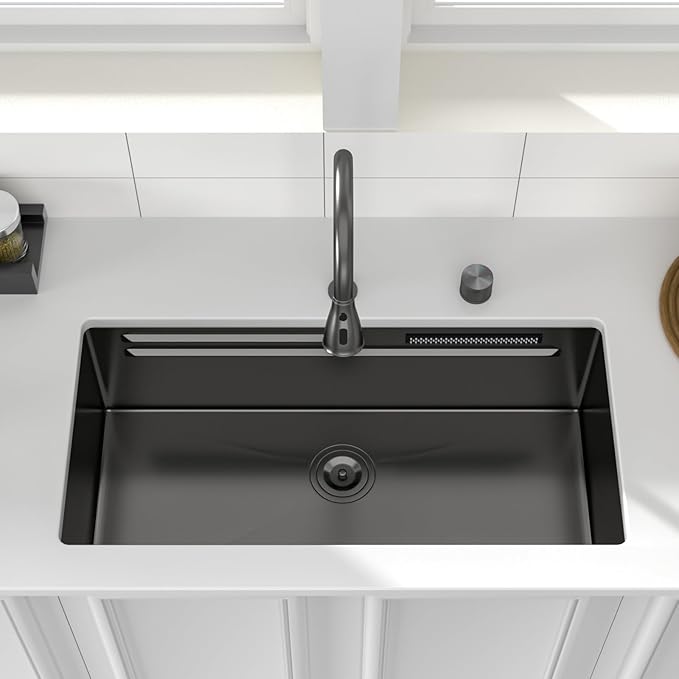 Logmey 33" Undermount Waterfall Sink with Pull-out Faucet & Knob,Nano PVD Gunmetal Black 33x17 Double Step Workstation Sink,16 Gauge All in One Single Sinks Perfect for Family Kitchen & Daily Cooking