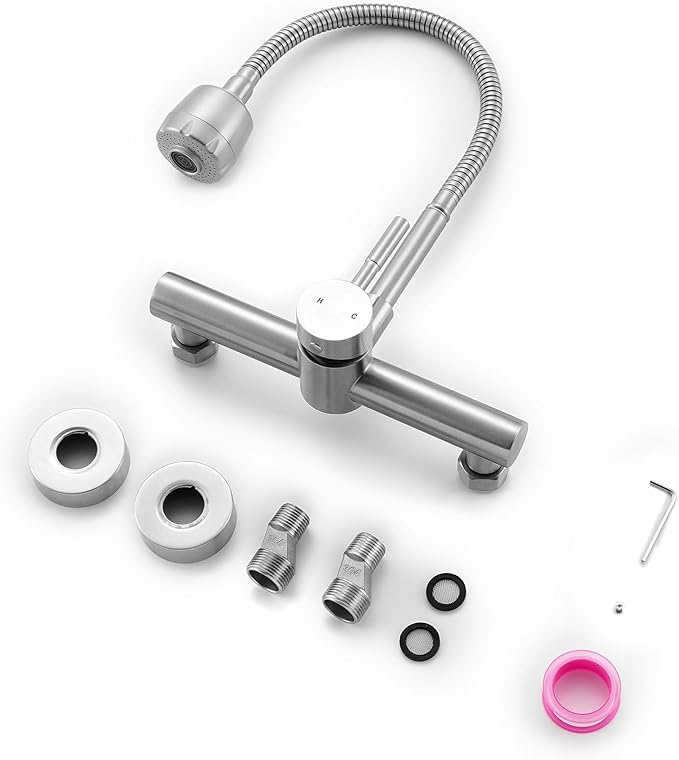 Wall Mount Kitchen Sink Faucet 8 Inch Center with Flexible Sprayer,Stainless Steel Mixer Tap with Dual Function Sprayer,Nickel Brushed Unility Sink Faucet