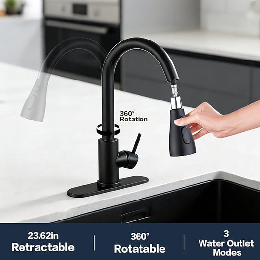 Kitchen Faucet with Pull Down Sprayer,Black Kitchen Sink Faucet,High Arc Single Handle Classic Stainless Steel Sink Faucet,1 or 3 Hole,Suitable for Farmhouse Camper Laundry Rv Bar