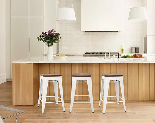 FDW Metal Bar Stools Counter Height Barstool Stackable Barstools Indoor Outdoor Patio Bar Stool Home Kitchen Dining Stool Backless Bar Chair (White with Wood, 24")