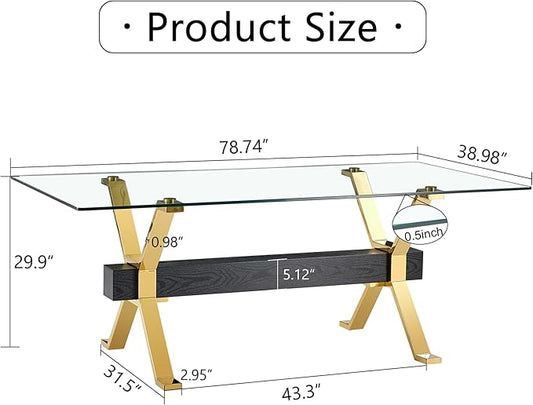 79" Glass Dining Table, Modern Kitchen Table, Modern Dining Table for 8, 0.5" Thick Tempered Glass Tabletop with Gold Chrome Metal Legs and Black Crossbar, Ideal for Dining Room, Kitchen
