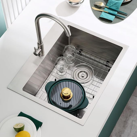 Kitchen Sink, 22 x 18 Inch Drop in Sink, 304 Stainless Steel Kitchen Sink, Centre-Offset Drain, 9" Deep Single Bowl, Topmount Installation, Brushed(Inclued Drain Strainer & Bottom Grid)
