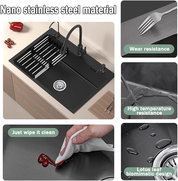 25.6 * 17.7in Drop In Kitchen Sink,Black Stainless Steel Single Bowl Sink,Topmount Workstation Sink With Pull Out Faucet,Soap Dispenser And Drain Basket