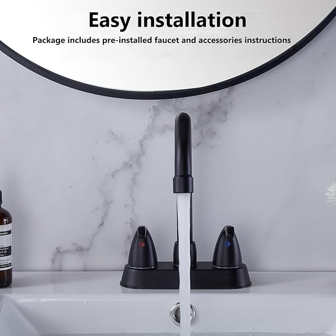 HOTIS Matte Black 4-Inch Centerset Bathroom Faucet, 2-Handle 3-Hole Sink Faucet with Pop-up Drain & Supply Lines