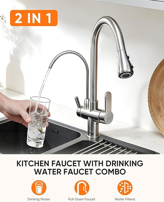 WANFAN Kitchen Sink Faucet with Pull Down Sprayer 2 Handle 3 in 1 Water Filter Purifier Faucets Brushed Nickel 0195SN