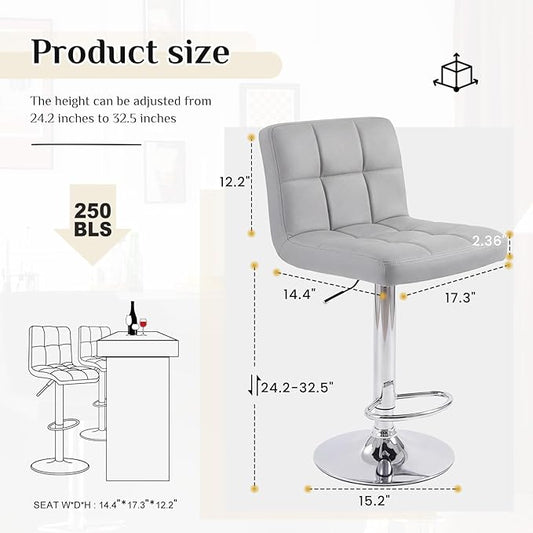 DUMOS Bar Stools Set of 4, 24 inch Counter Height Bar Stools, Upholstered Modern Kitchen Barstools with Metal Base, PU Leather Saddle Stools for Kitchen Island, Grey