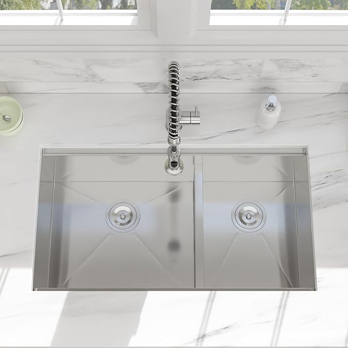 33 Undermount Kitchen Sink - 33x19 Double Bowl Kitchen Sinks Workstation 16 Gauge Stainless Steel Sink Low Divide Double Basin 60/40