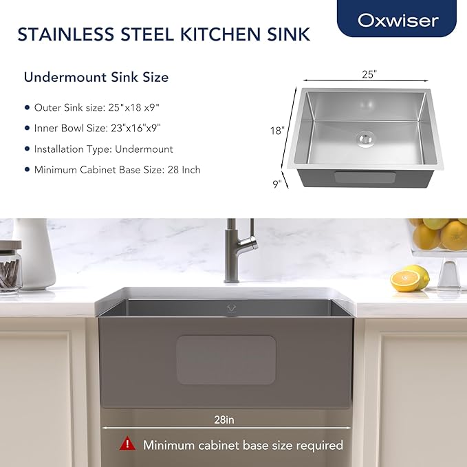Kitchen Sink 25x18 Inch Undermount Sink 16 Gauge Stainless Steel Single Bowl Kitchen Sinks with Accessories Round Corners Handmade Sink