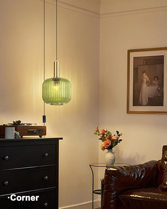 Plug in Glass Pendant Light 1-Light Gold Industrial Light with 14.7FT Black Cord Mid-Century Modern Pendant Lamp for Kitchen Sink Living Room Bedroom, Indoor Green Glass Lamp