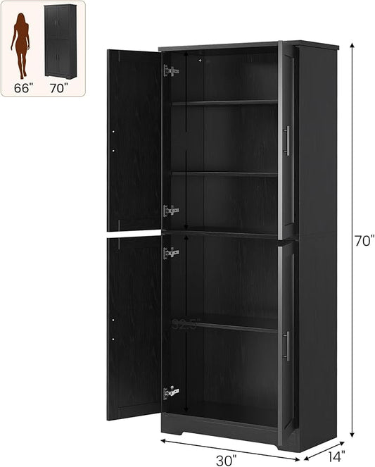 GarveeHome 70 in Tall Kitchen Pantry Cabinet, Freestanding Storage Cabinet with 4 Doors and Adjustable Shelves, Utility Cupboard for Dining Room, Living Room, Bathroom, Black
