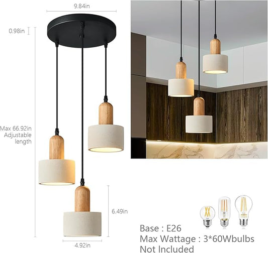 Modern Cement Pendant Lights White Chandelier Wooden Ceiling Lamps for Kitchen Island Bedroom Dining Room Living Room bar(Round 3-Light)