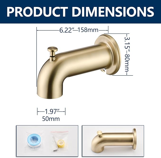 Slip-On Tub Spout with Diverter Long for Bathtub Spout, Fit for 1/2 Inch Slip Pipe, Brushed Gold