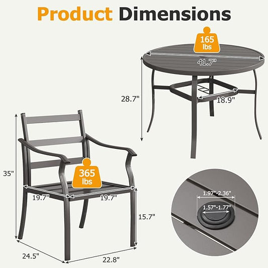 EROMMY 5-Piece Round Outdoor Patio Dining Set, 4 Metal Slat Chairs & Round Table with Umbrella Hole, All-Weather Outdoor Furniture for Backyard, Garden and Poolside