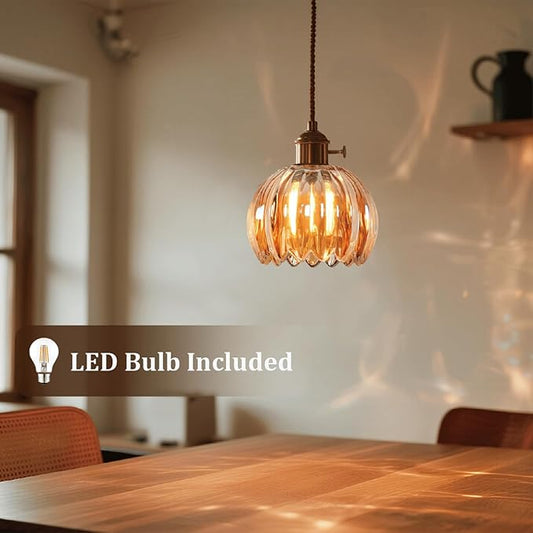 Mini Flower Hanging Lamp Plug in Pendant Light Fixtures, 15Ft Amber Glass Pendant Lights Kitchen Island Dining Room Bedroom Living Room, LED Bulb Included