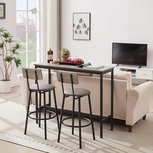 Ergonomic Bar Height Table with Comfortable Backrest Stools Set for Kitchen Island or Home Bar Use (Grey + Particle Board)