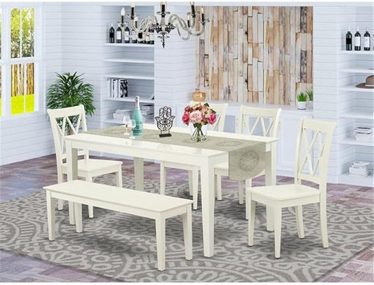 East West Furniture CACL6-LWH-W 6 Piece Kitchen Table Set Contains a Rectangle Dining Table and 4 Dining Chairs with a Bench, 36x60 Inch, Linen White