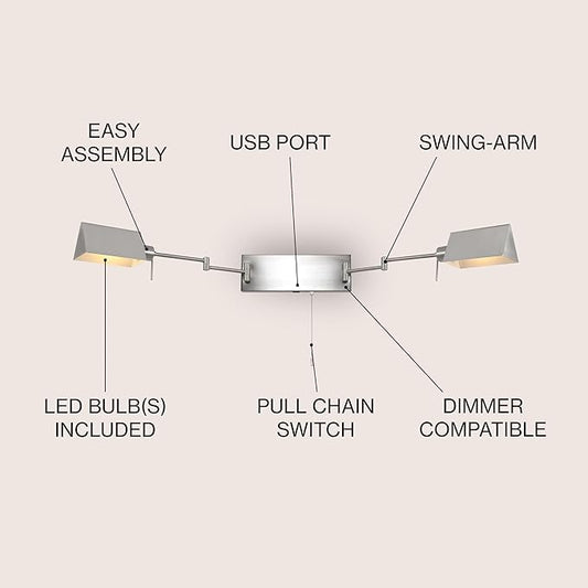 JONATHAN Y 54" Nickel 2-Light Double Swing Arm LED Wall Sconce, Industrial Farmhouse Iron Wall Lamp with Pull-Chain, USB, Metal Shades (JYL6016B)