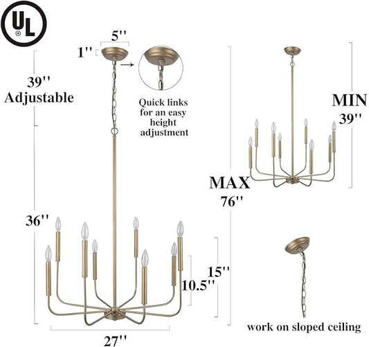 Antique Gold Chandelier, Modern Dining Room Lighting Fixture, 8-Light Candle Style Hanging Chandelier for Living Room, Bedroom, Kitchen Island, Foyer, Dia 27”