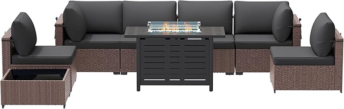 Patio Furniture Set 7 Pieces Conversation Set Wicker Outdoor Sectional Sofa,Ergonomic Armrests Couch with Cushion and Glass Table (Brown-Grey, 8 Piece-Fire Table)