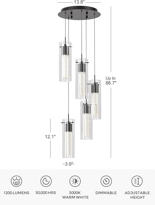 Tawson Alice 5-Light Chandelier Pendant Ceiling Light, Integrated Led and Bubble Glass, for Kitchen Island, Hallway, Entryway, Passway, Dining Room, Bedroom, Balcony Living Room (Black)
