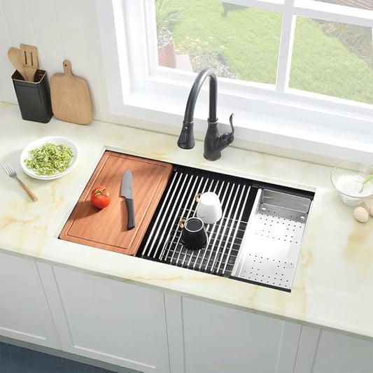 33 Black Undermount Kitchen Sink, 33x19 Stainless Steel Workstation Kitchen Sink with Offset Drain 16 Gauge Single Bowl Deep Basin