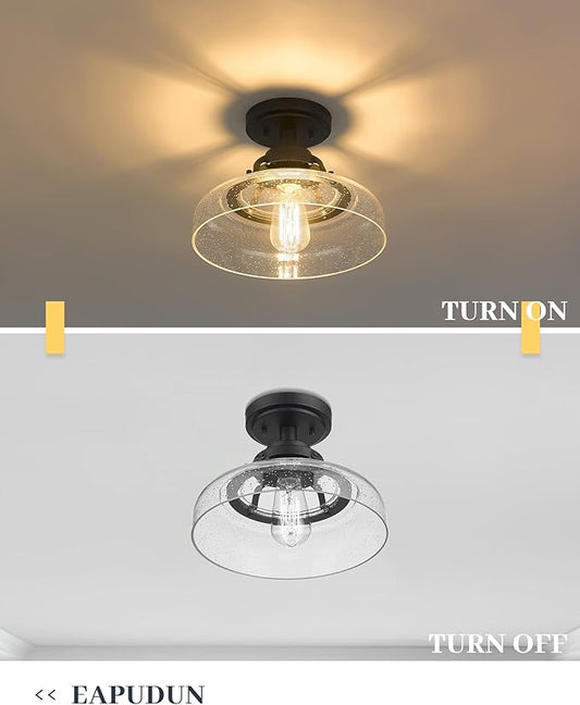 EAPUDUN Farmhouse Semi Flush Mount Ceiling Light, Black Industrial Ceiling Lighting,1-Light,Seeded Glass Shade, Ideal for Kitchen, Corridor, Bedroom, Foyer, Hallway, and Entryway,SMA1307-MBK