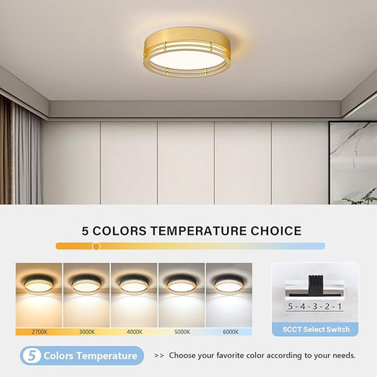 Gold Flush Mount Ceiling Light, Modern Dimmable LED Light Fixture, Minimalist Metal Ceiling Lamp for Bedroom Kitchen Laundry Room Hallway Entry 2700 K - 6000 K 5CCT 15.7 Inch