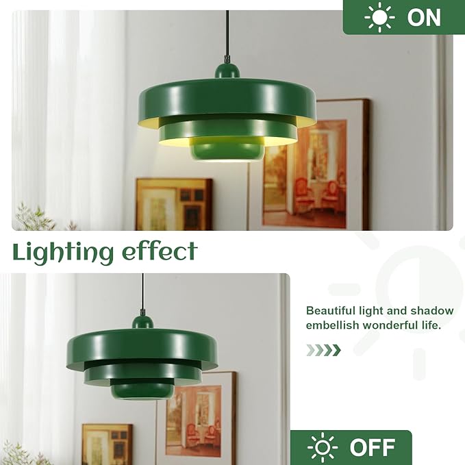 Green Mid Century Pendant Light, Adjustable Industrial Chandelier for Kitchen Island, Farmhouse Dining Room, Bedroom, Pantry Ceiling Hanging Light