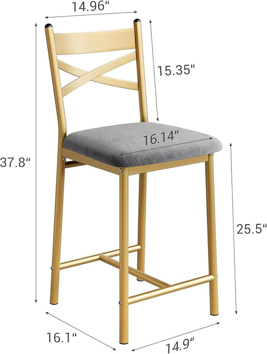 Bar Stools Set of 4, Counter Height Bar Stools with PU Upholstered Seat & Back – Modern Kitchen Island Bar Chairs with Footrest for Apartment & Dining Bar, Gold
