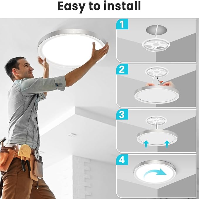 Libtit 7 Inch Nickel Brushed Flush Mount Ceiling Light, 15W, 6 Pack, 3000K/4000K/6500K Color Selectable, Ultra-Thin Round Ceiling Lighting Fixture for Bedroom, Kitchen, Pantry