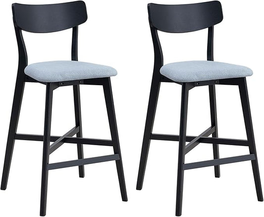Bar Chairs Set of 2, Counter Height Stools - Modern Upholstered Kitchen Island Chairs with Backrest & Footrest - Black Wood Frame