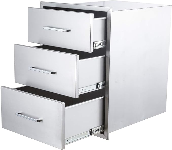 Outdoor Kitchen Drawers, 17" W x 18" D x 24" H Stainless Steel Triple Access BBQ Drawer, Flush Mount Enclosed Drawer with Handle for Outdoor Kitchens & BBQ Islands, No Installation Required
